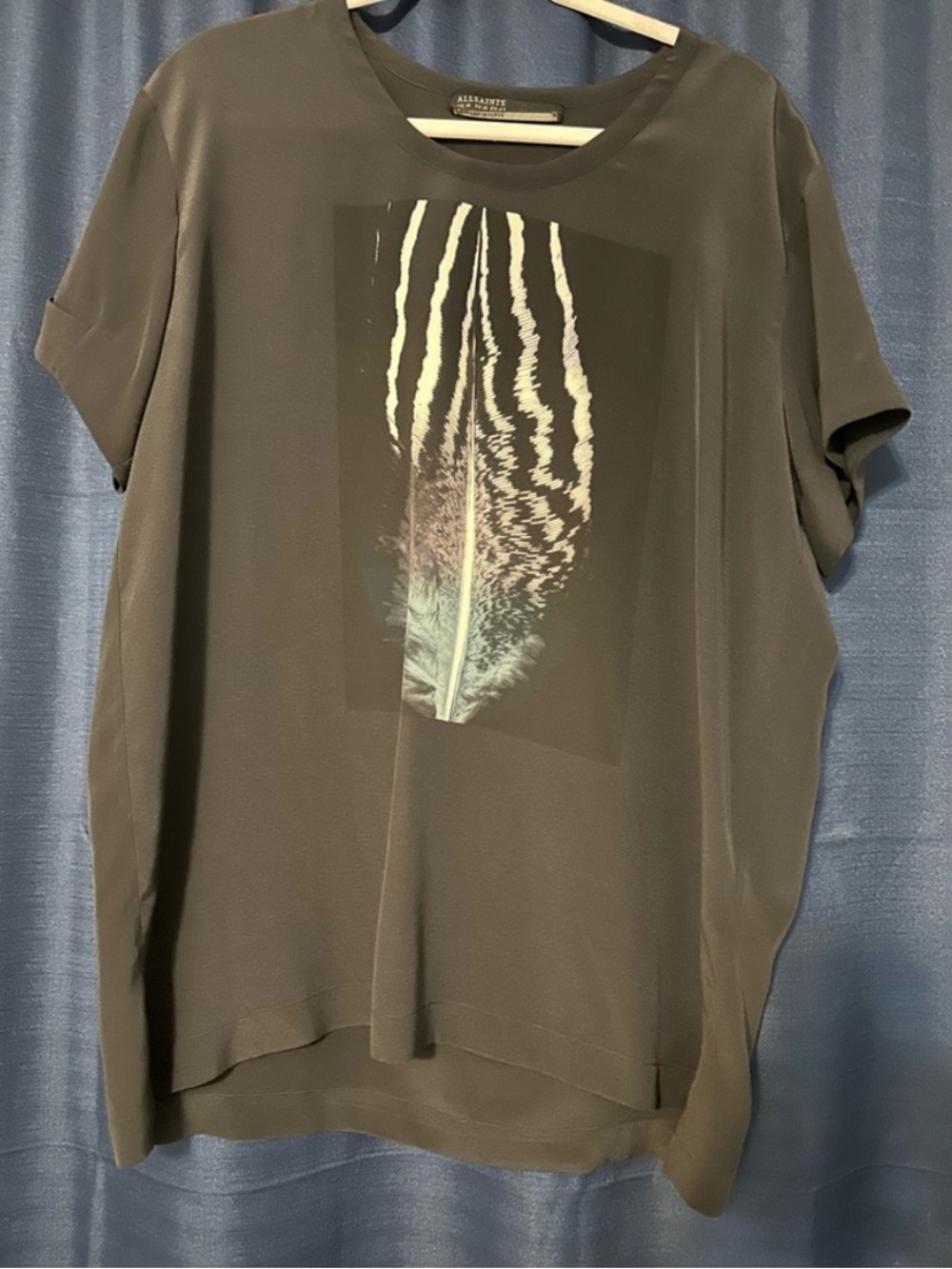 All Saints Olive Green Feather Graphic Short Sleeve Top